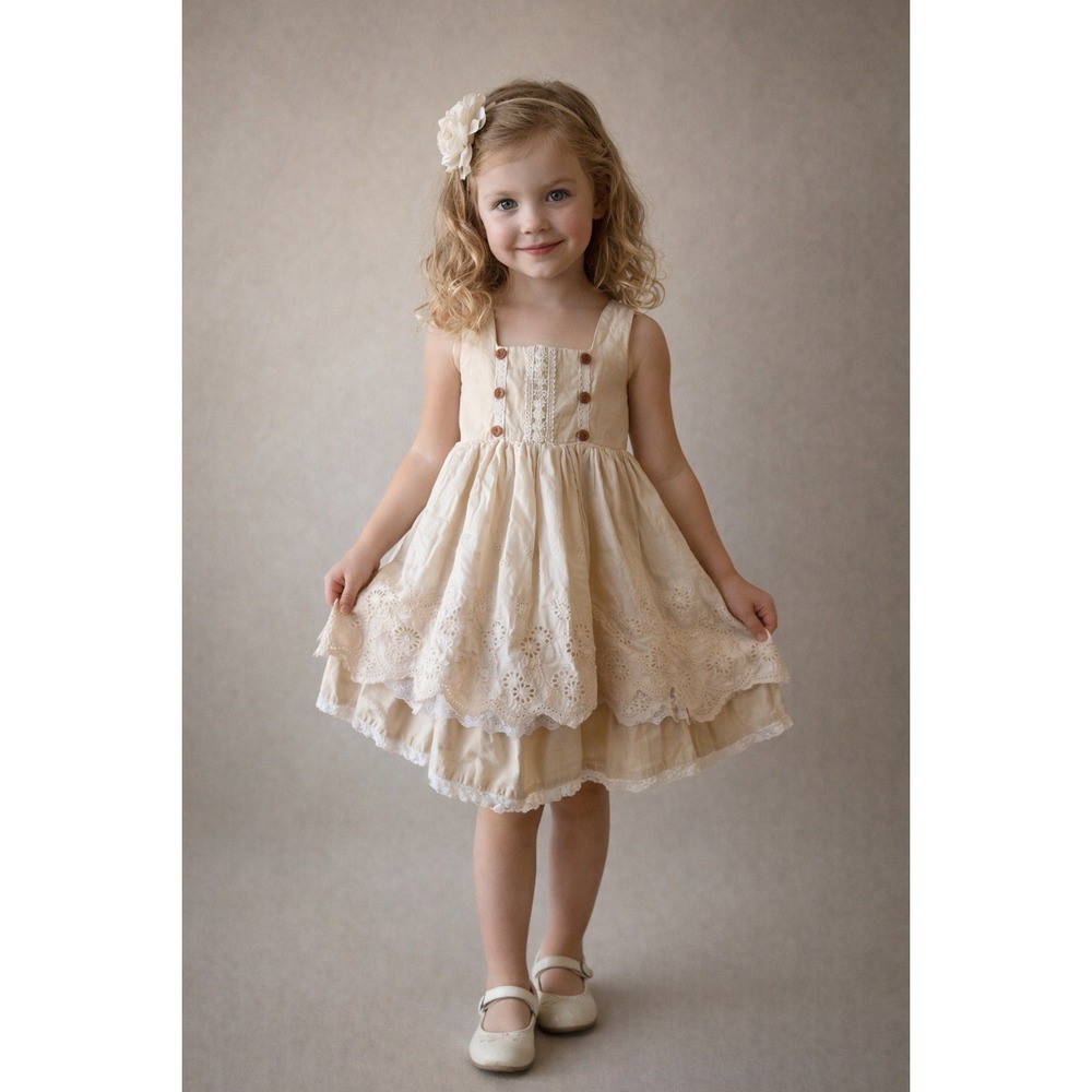 Only Little Once Girls Beige Tiered Eyelet Lace Cotton Dress Size 4 Cottagecore